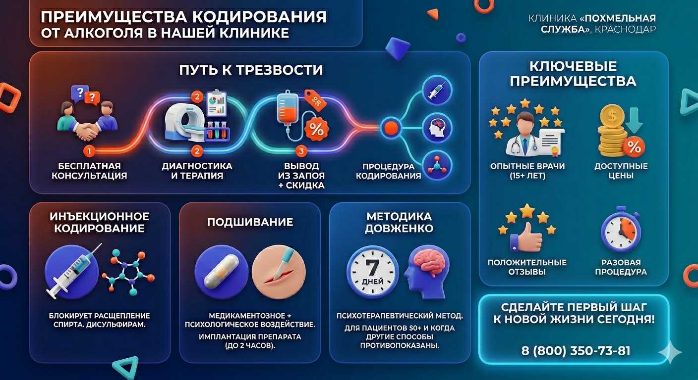 Инфографика о методах кодирования от алкоголя в Мишкино: инъекции, подшивание, метод Довженко. Преимущества клиники и этапы лечения.
